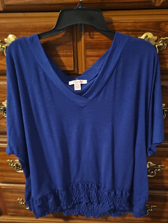 Lena Tops - Lena Royal Blue V-Neck Short Sleeve Top with Smocked Hem
